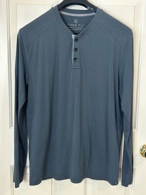 Free Fly Shirt Mens Large Blue Long Sleeve Bamboo Henley Performance Stretch Tee